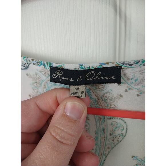 Rose&Olive Woman 1X Blouse Keyhole V Neck White Paisley Pullover 3/4 Sleeve... - Picture 3 of 9